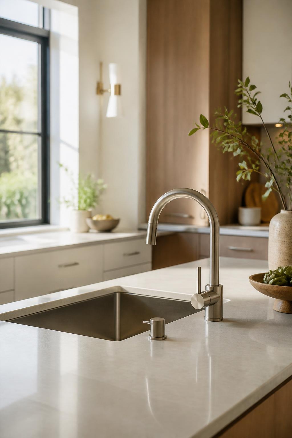 Modern kitchen with clean sink and polished faucet installation.