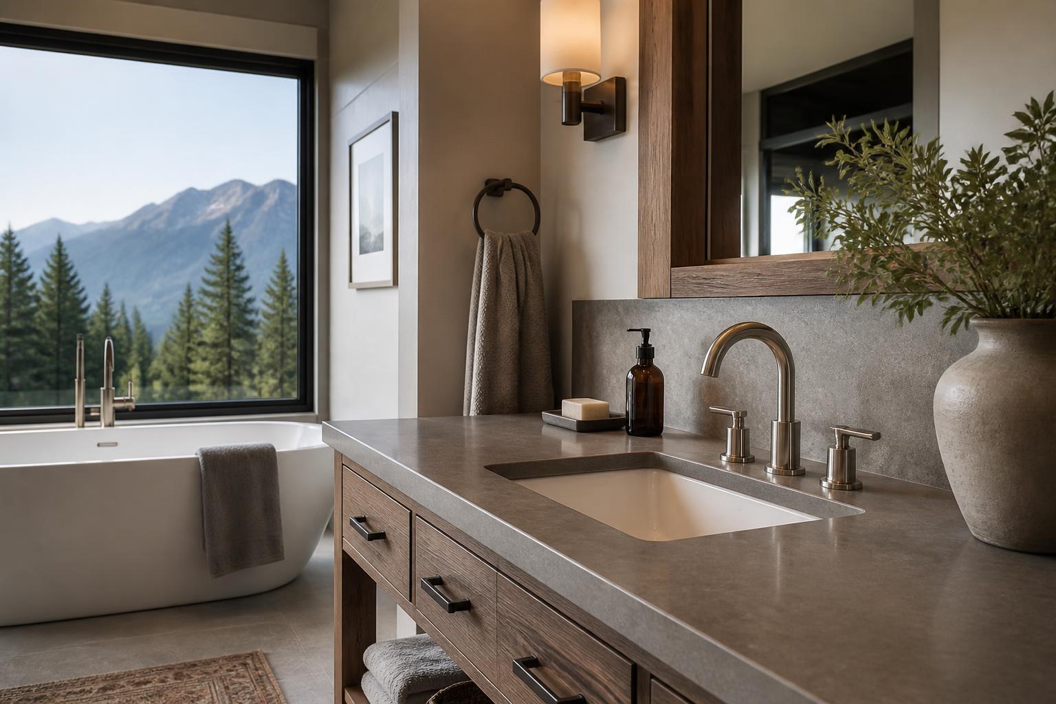 Modern bathroom with polished faucet and clean sink installation.